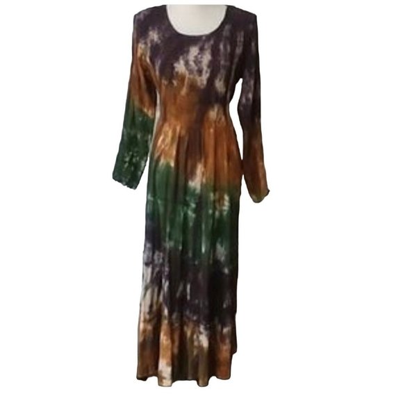Frazzle Dresses & Skirts - FRAZZLE Maxi Dress Tie Dye Mustard Green Multi Peasant Boho Hippie Womens Size L